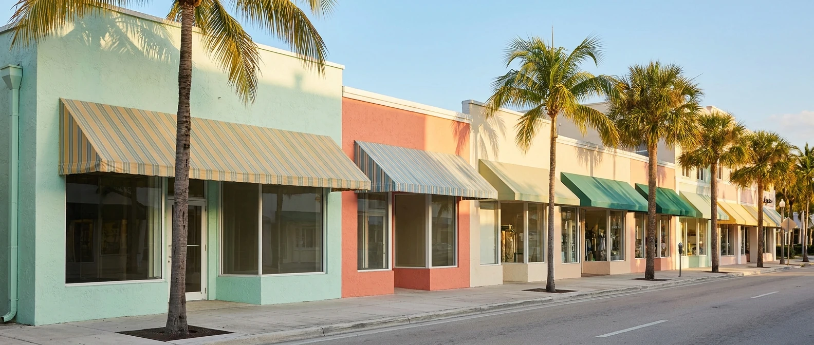 A sunny street of small local shops with palm trees